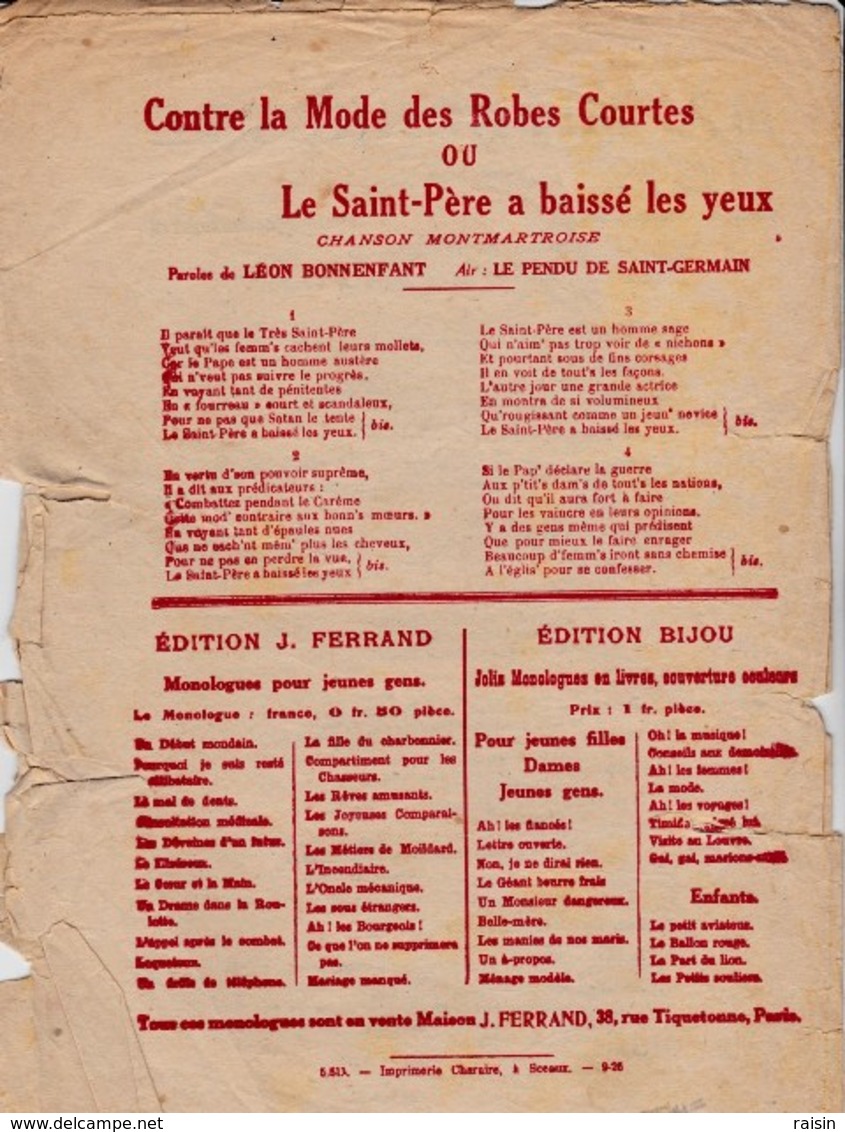 Ce Que L'on Chante,Tout Près Du Moulin,Ma Mignonnette,Le St-Père A Baissé Les Yeux ..très Mauvais état - Spartiti