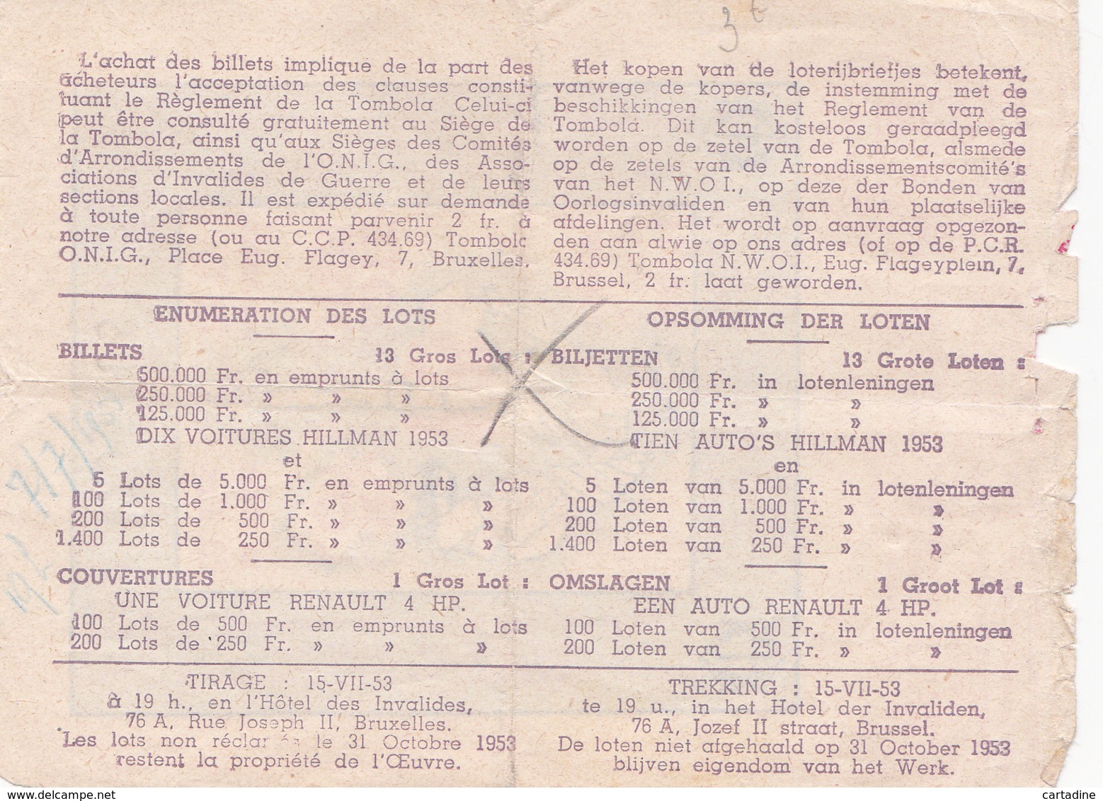 Billet De Tombola De 1953 - A été Plié En 4 Voir Scans - Billets De Loterie