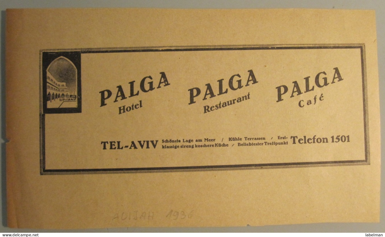 ISRAEL PALESTINE PENSION REST HOUSE HOTEL PALGA TEL AVIV VINTAGE ADVERTISING DESIGN ORIGINAL - Hotel Labels