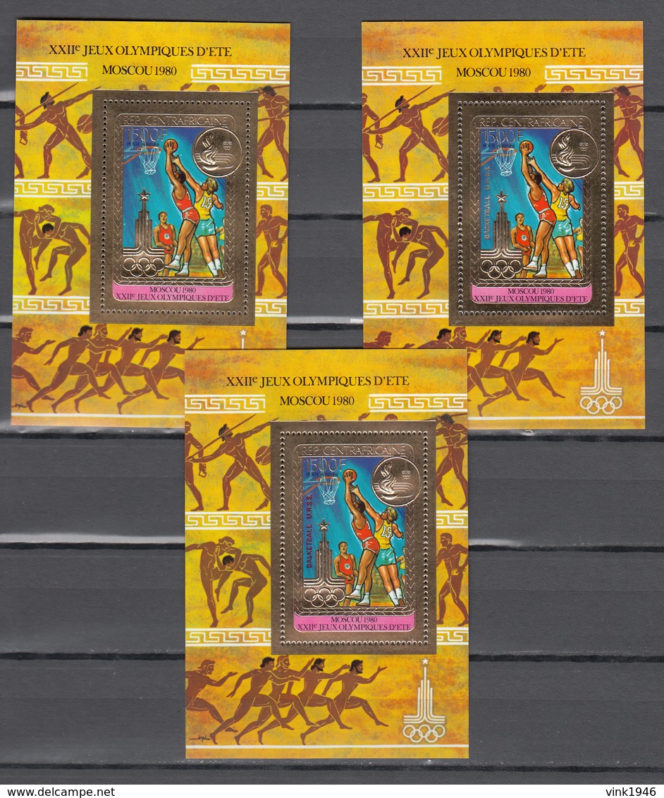 Central Africa 1980,3 Blocks,ovpt RED+GOLD,olympic,olympisch,olympische,olympique,olympicos,Moskou,MNH/Postfris,(L3462) - Ete 1980: Moscou