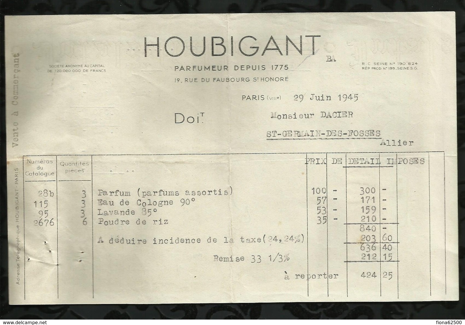 HOUBIGANT . PARFUMEUR . PARIS LE : 29 JUIN 1945 . - Chemist's (drugstore) & Perfumery