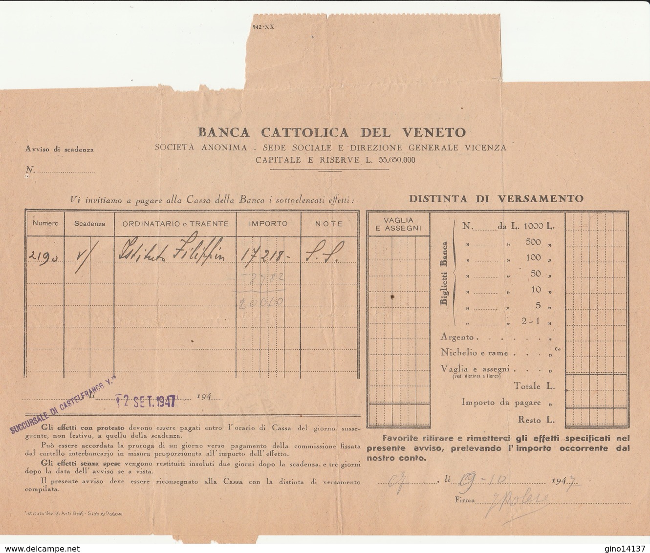 LETTERA Spedita Del 1947 BANCA CATTOLICA DEL VENETO VICENZA - Pagamentoi Effetti - Bills Of Exchange