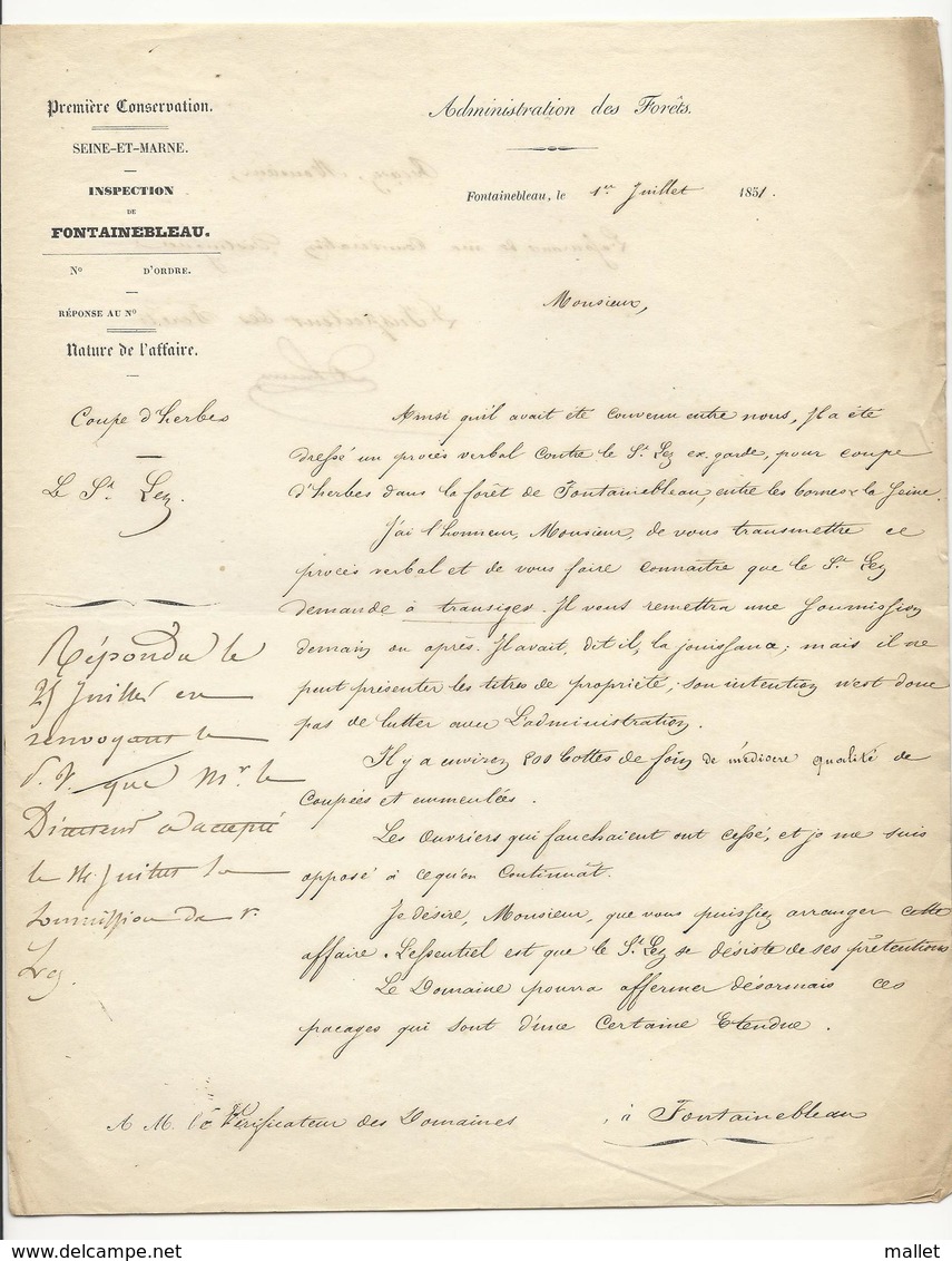 Lettre De L'Inspecteur Des Forêts De Fontainebleau - 1851 - à Propos De Coupe D'herbe - Documents Historiques