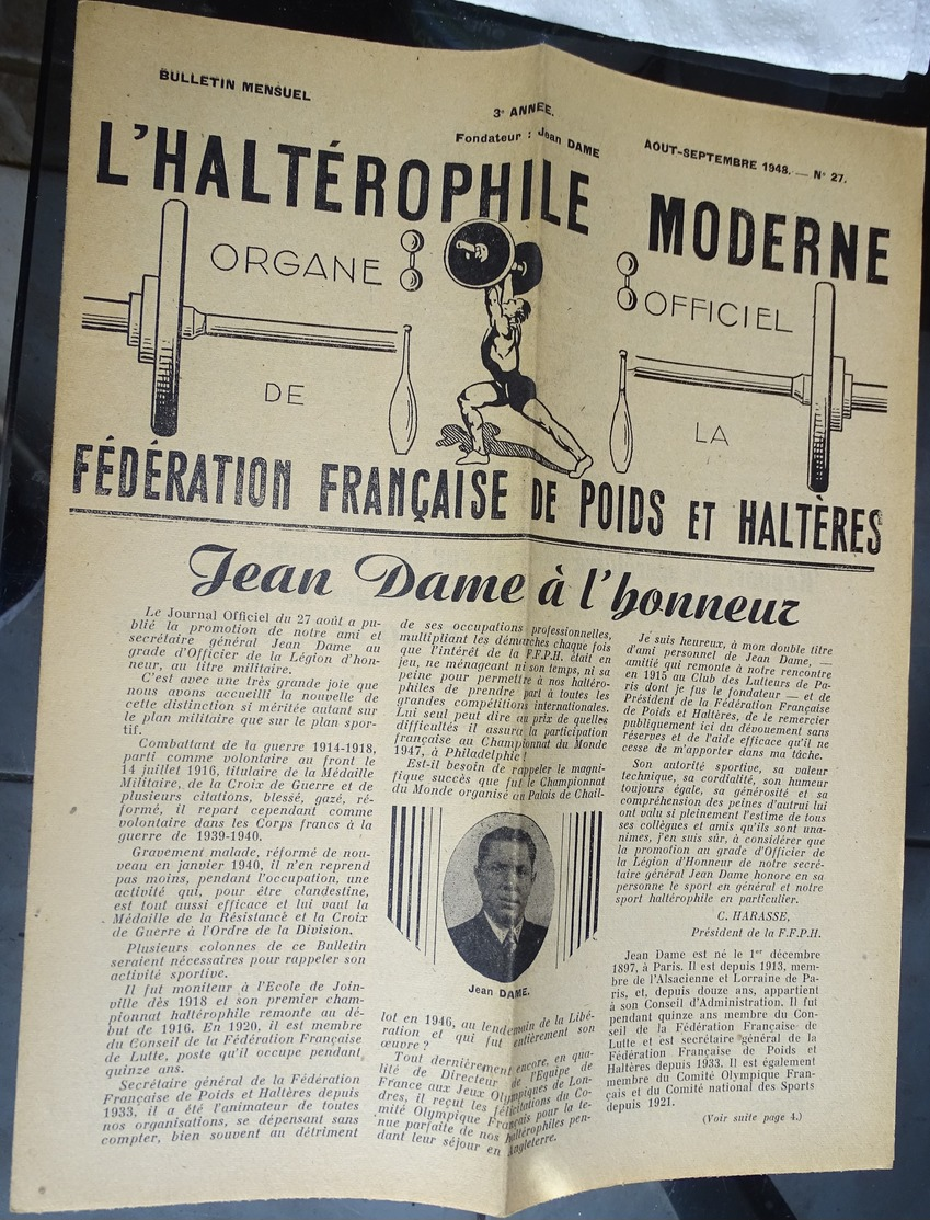 Revue Mensuel - L'haltérophile Moderne N 27 - Aout Sept 1948 "fédération Française" Jean Dame - Sport