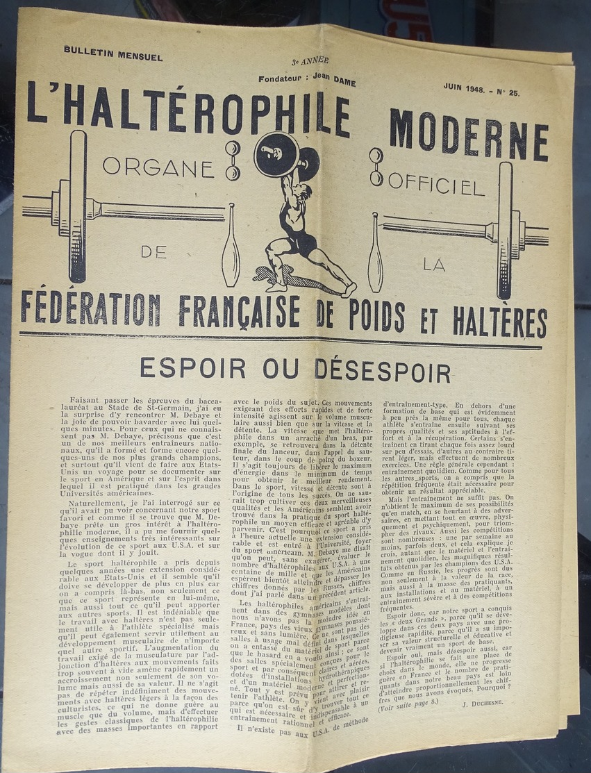Revue Mensuel - L'haltérophile Moderne N 25 - Juin 1948 "fédération Française" - Sport