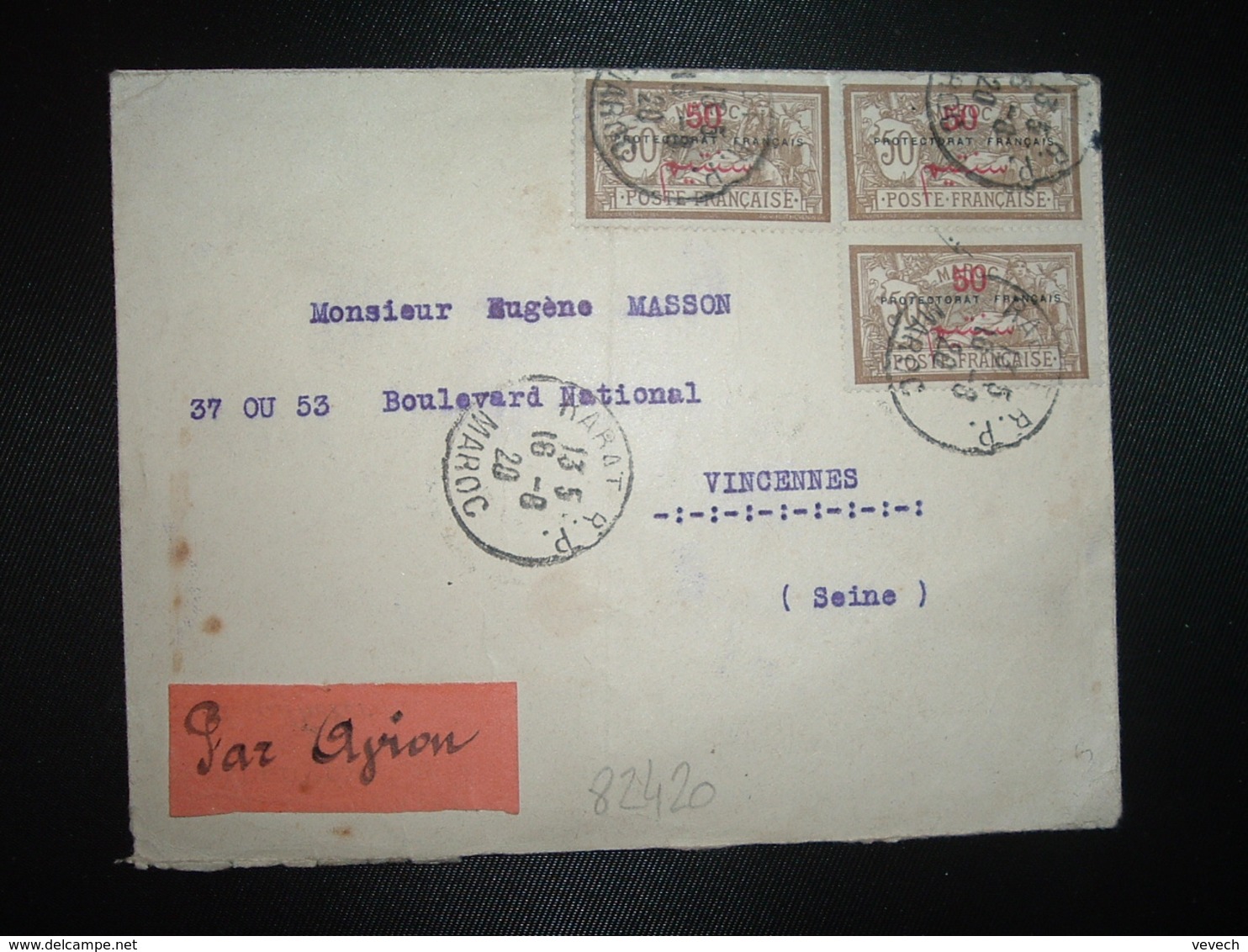 LETTRE Par Avion Pour La FRANCE TP MERSON 50 Surch. 50 + PROTECTORAT FRANCAIS X3 OBL.16-6 20 RABAT RP - 1900-27 Merson