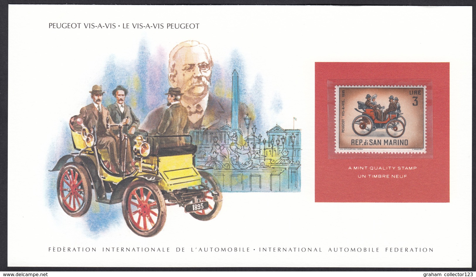 International Automobile Federation San Marino Peugeot Vis-A-Vis Vintage Automobile Stamp Card - Cars