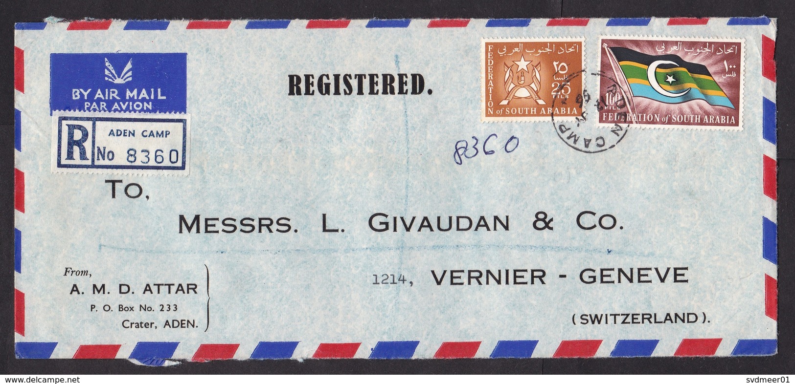 South Arabia / Yemen: Registered Cover To Switzerland, 1966, 2 Stamps, Flag, Heraldry, Rare Real Use (opened At 3 Sides) - Yemen