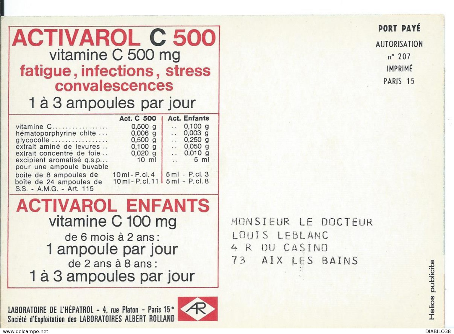 CARTE PUBLICITAIRE ...PUBLICITÉ PHARMACEUTIQUE ///.......ACTIVAROL C 500 - Santé