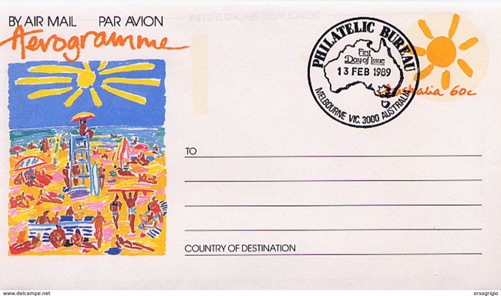 AUSTRALIA - FDC 1989 - Intero Postale - AEROGRAMME - SPIAGGIA - OMBRELLONE - BAGNINO - SURF TAVOLA - Ski Nautique
