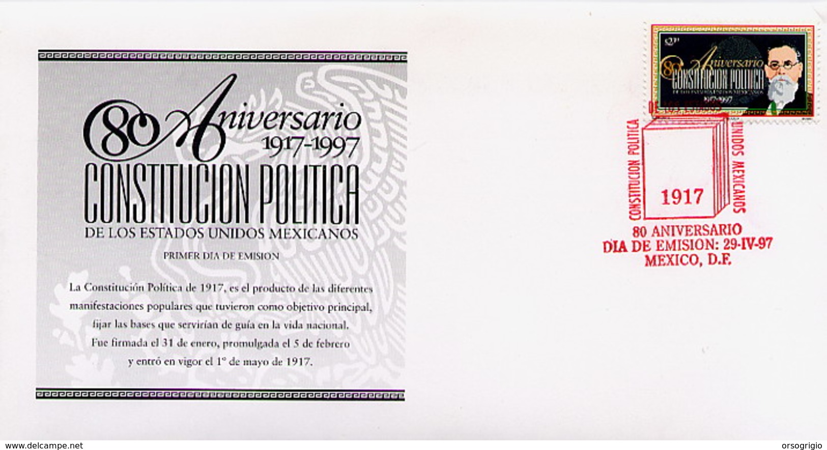 MESSICO - MEXICO - FDC 1997  -  ANNIVERSARIO COSTITUZIONE POLITICA MESSICANA - Mexico