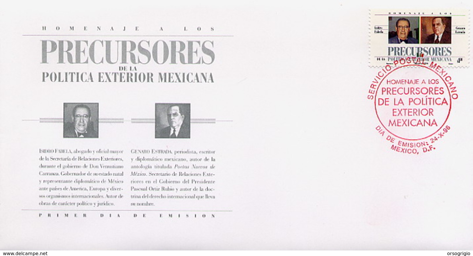 MESSICO - MEXICO - FDC 1996  -  PRECURSORES POLITICA EXTERIOR MEXICANA - Messico