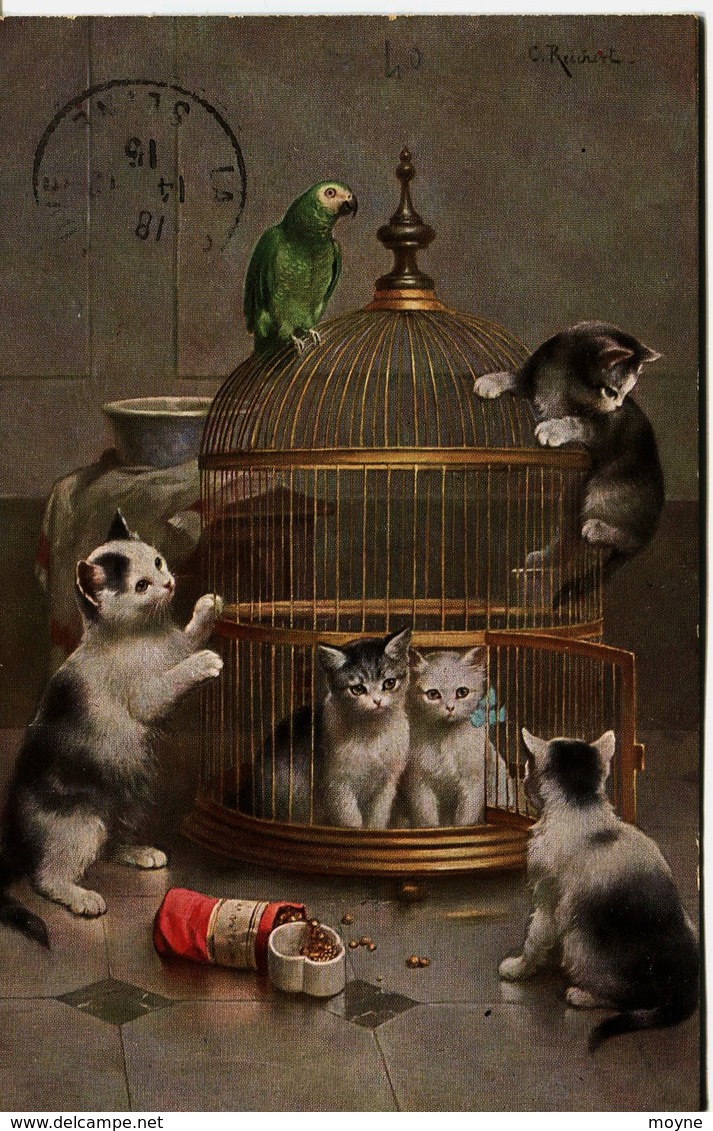 12688  - Illustrateur -   LA CAGE AUX CHATS   De   C. RESCHIRT   -  Circulée En 1915 - Autres & Non Classés