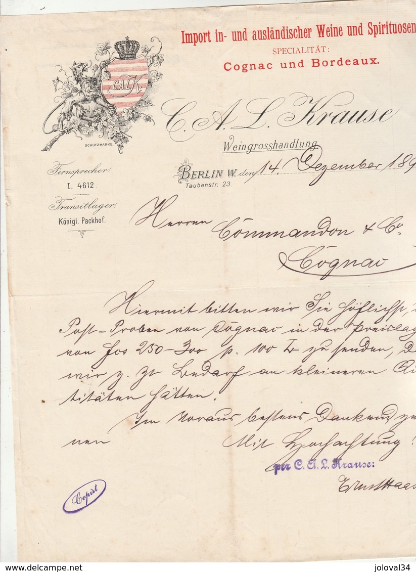 Allemagne Lettre Illustrée 14/12/1894 C A L KRAUSE Import Vin Bordeaux  Cognac  BERLIN - 1800 – 1899