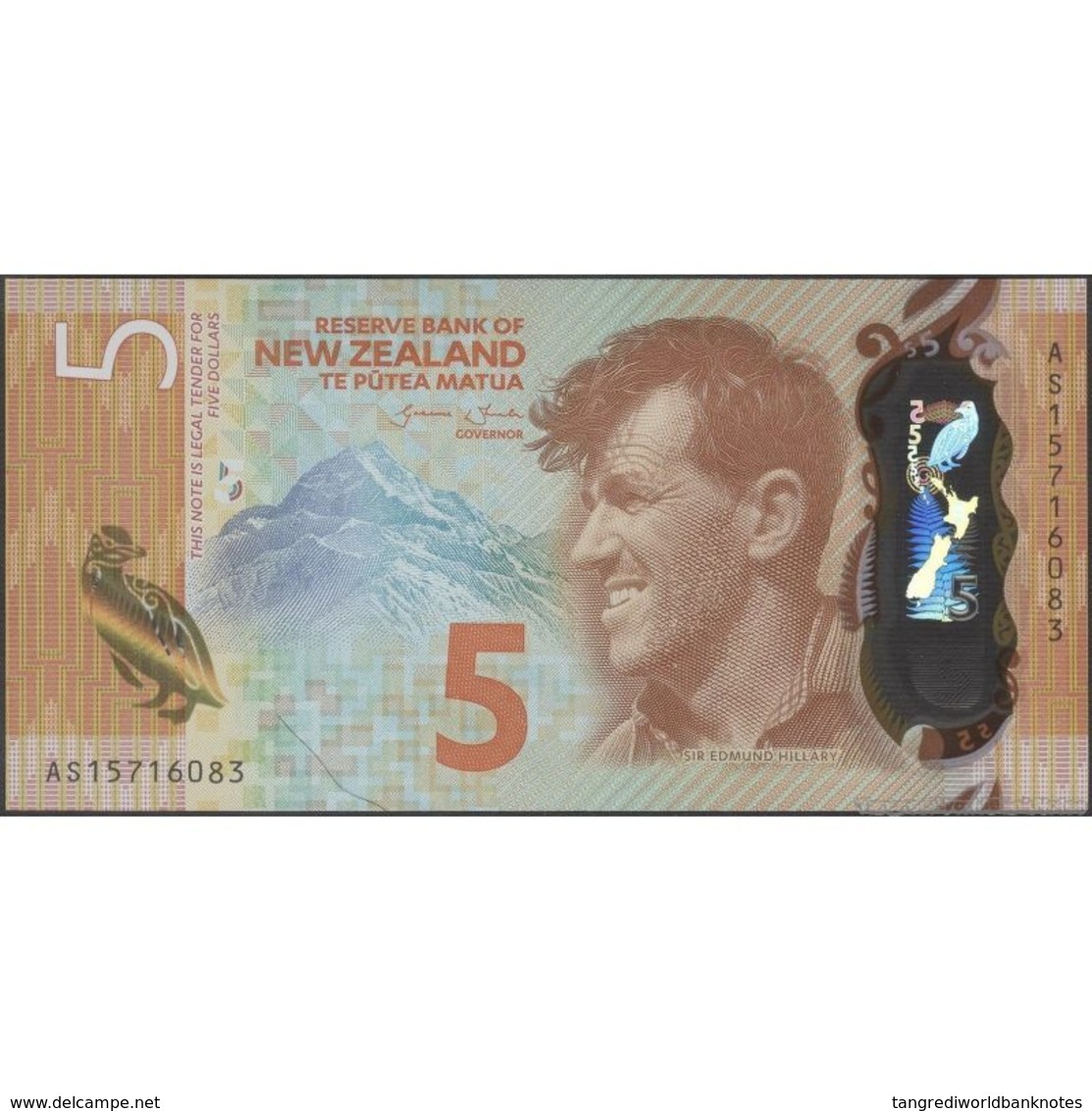 TWN - NEW ZEALAND 191 - 5 Dollars 2015 Polymer - Prefix AS - Wheeler UNC - Nuova Zelanda