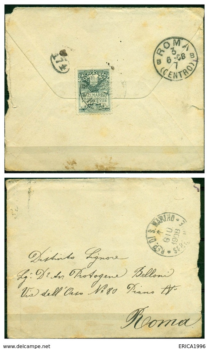 V6756 SAN MARINO 1908 Lettera Affrancata Con Stemma 15 C., 3.6.08 Per Roma, Annullo Di Arrivo, Buone Condizioni - Cartas & Documentos