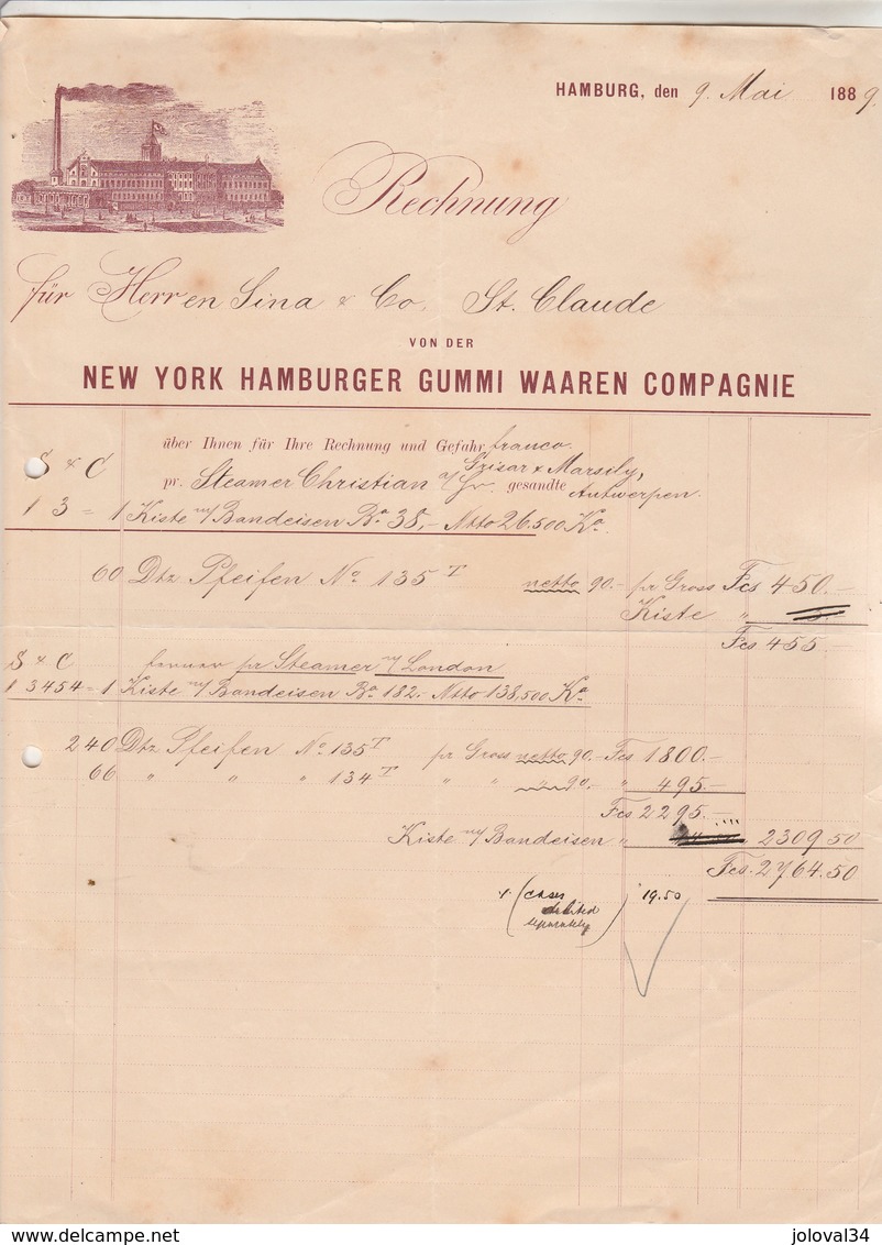 Allemagne Facture Illustrée 9/5/1889 New York Hamburger Gummi Warren Compagnie HAMBURG Transport Bateau Vapeur - 1800 – 1899