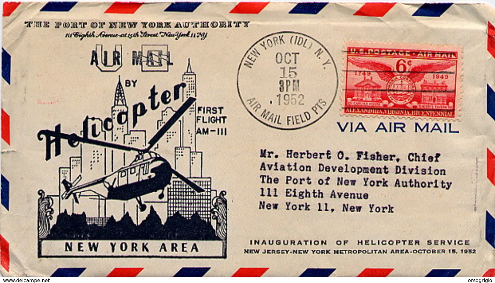USA - The Port Of New York - AIR MAIL BY HELICOPTER - FIRST FLIGHT AM-III -  OCT 15 1952 - Elicotteri