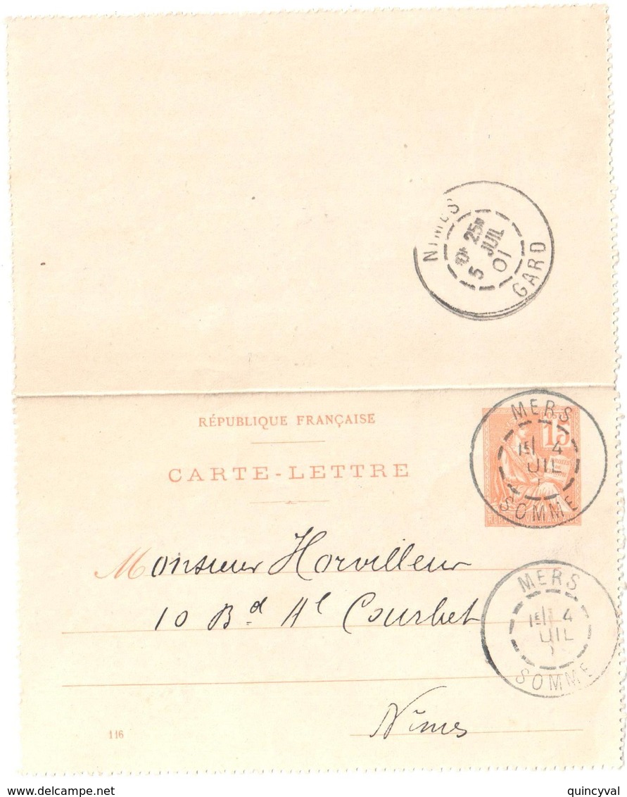 MERS Somme Carte Lettre Entier 15 C Mouchon Orange Millésime 116 Ob 4 07 1901 Dest Nimes Gard Yv 117-CL1 Storch MOU B1 - Letter Cards
