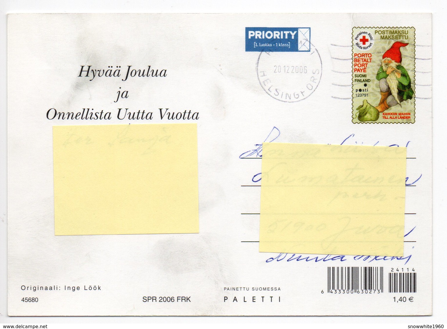 Postal Stationery RED CROSS  Finland SPR 2006 - CHRISTMAS POSTCARD - Artist: INGE LÖÖK - GNOME / LUTIN - Postage Paid - Postwaardestukken