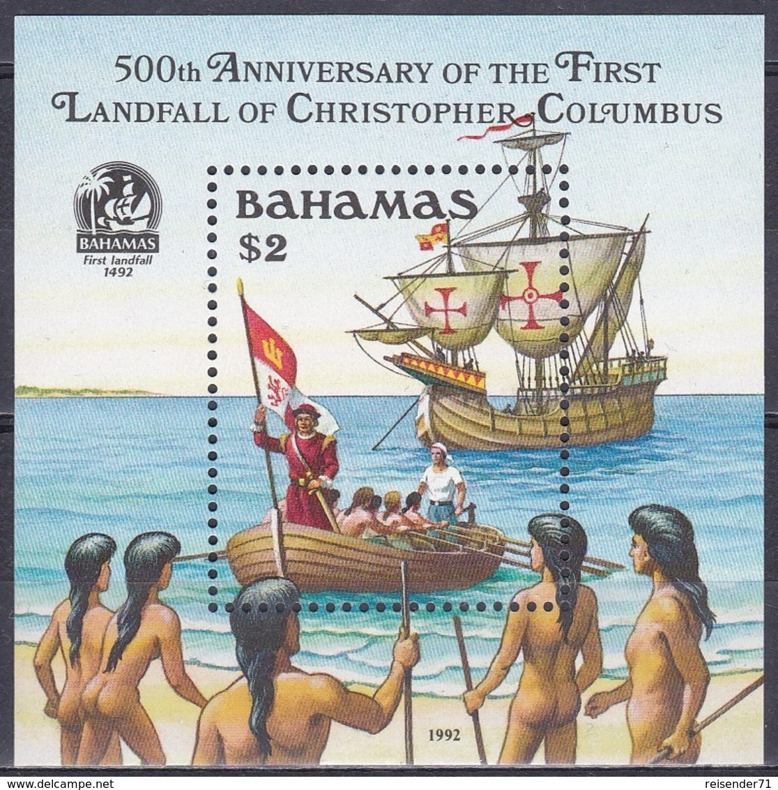 Bahamas 1992 Geschichte History Entdeckungen Discovery Amerika Kolumbus Columbus Schiffe Ships Seefahrt, Bl. 68 ** - Bahamas (1973-...)