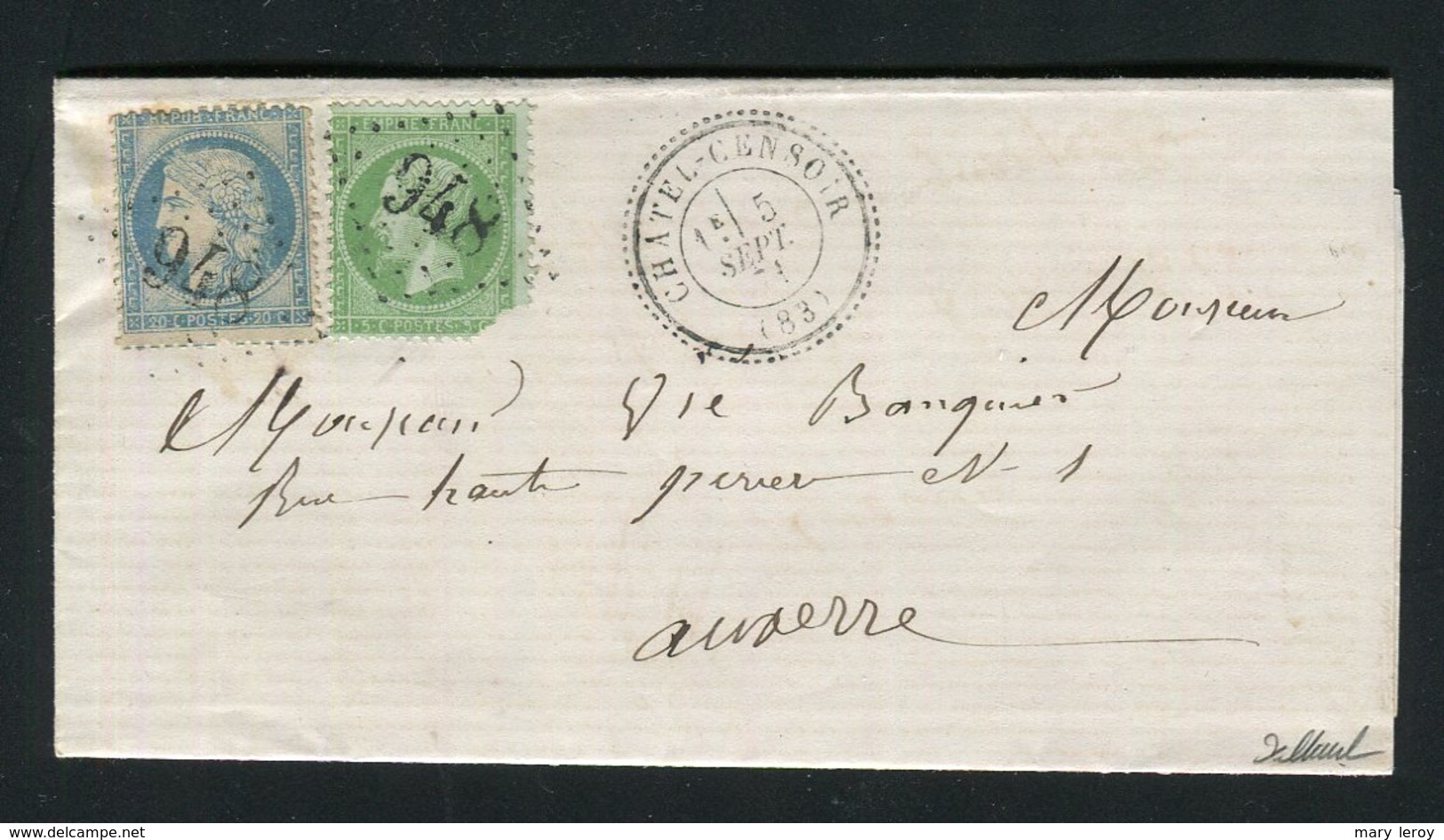 Rare Lettre De Châtel-Censoir ( Septembre 1871 ) Avec Les N° 37 & 20 - Cachet GC 948 - 1870 Siege Of Paris