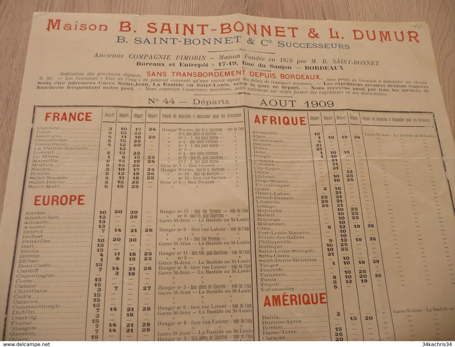 Tarif Pub Saint Bonnet Dumur 1909 Départ Paquebot Commerce Bateau Plus De 2 X A4 - Trasporti