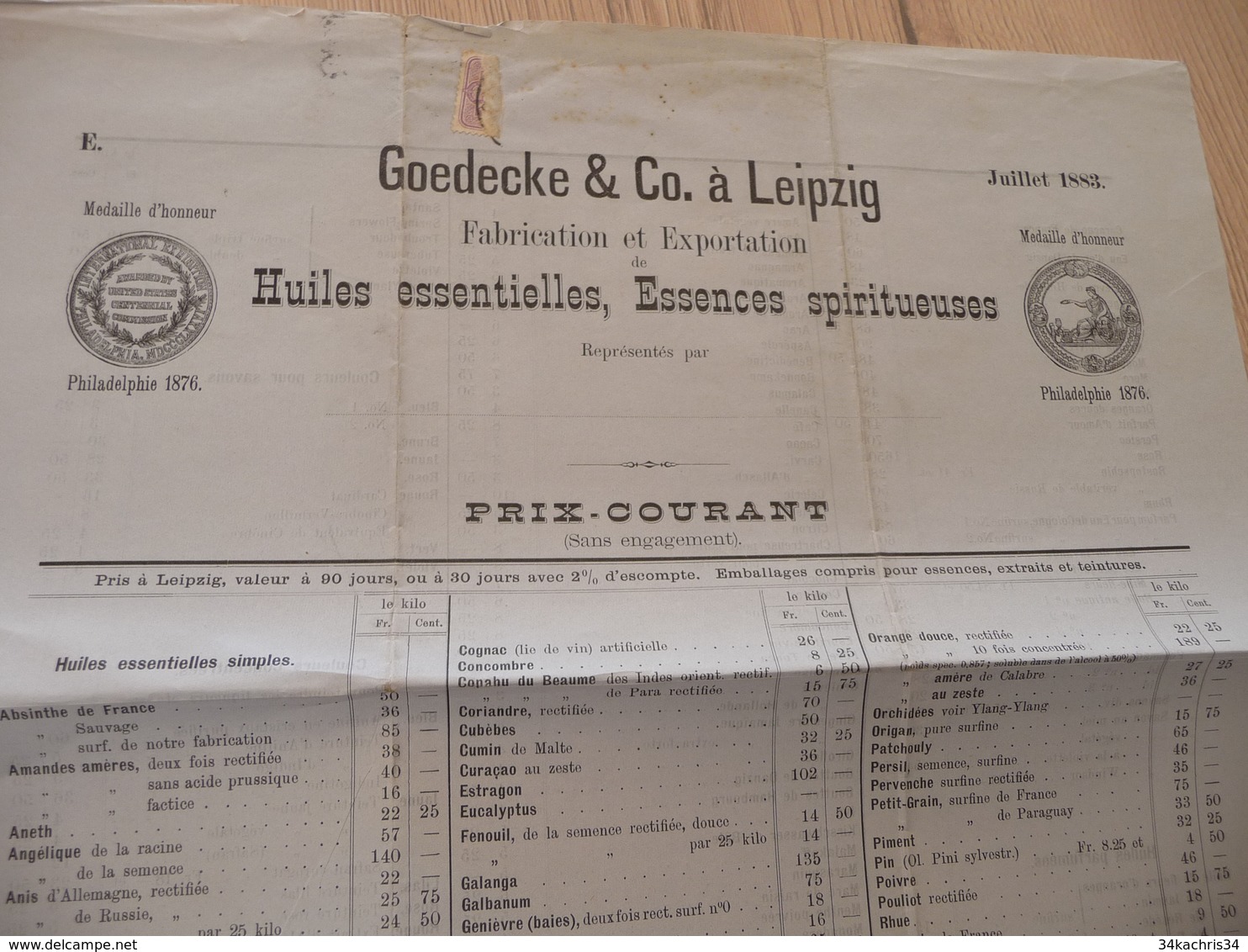 Tarif Prix 1883 Goedecke Leipzig  Distillateurs Huiles Essences Absinthe Médailles 2 Pages - 1800 – 1899