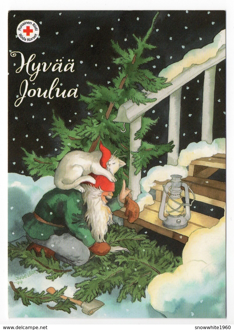 Postal Stationery RED CROSS  Finland - CHRISTMAS POSTCARD - Artist: INGE LÖÖK - GNOME & CAT / LUTIN & CHAT  Postage Paid - Entiers Postaux