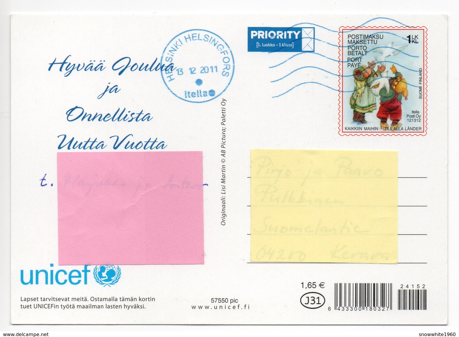 Postal Stationery  UNICEF  Finland - CHRISTMAS POSTCARD - LISI MARTIN - CHILDREN - PIGEONS - Postage Paid - Postwaardestukken