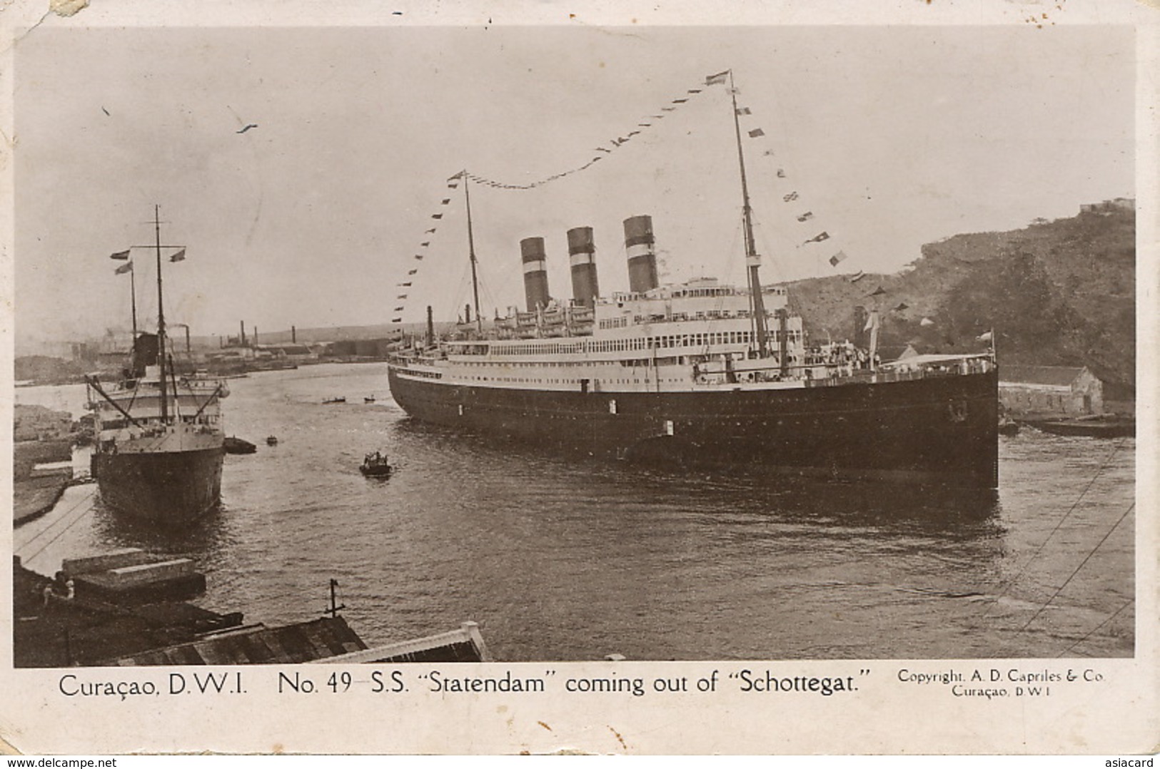 Curaçao   S.S. " Statendam " Coming Out Of " Schottegat"  Used Stamped To Harfleur France - Curaçao