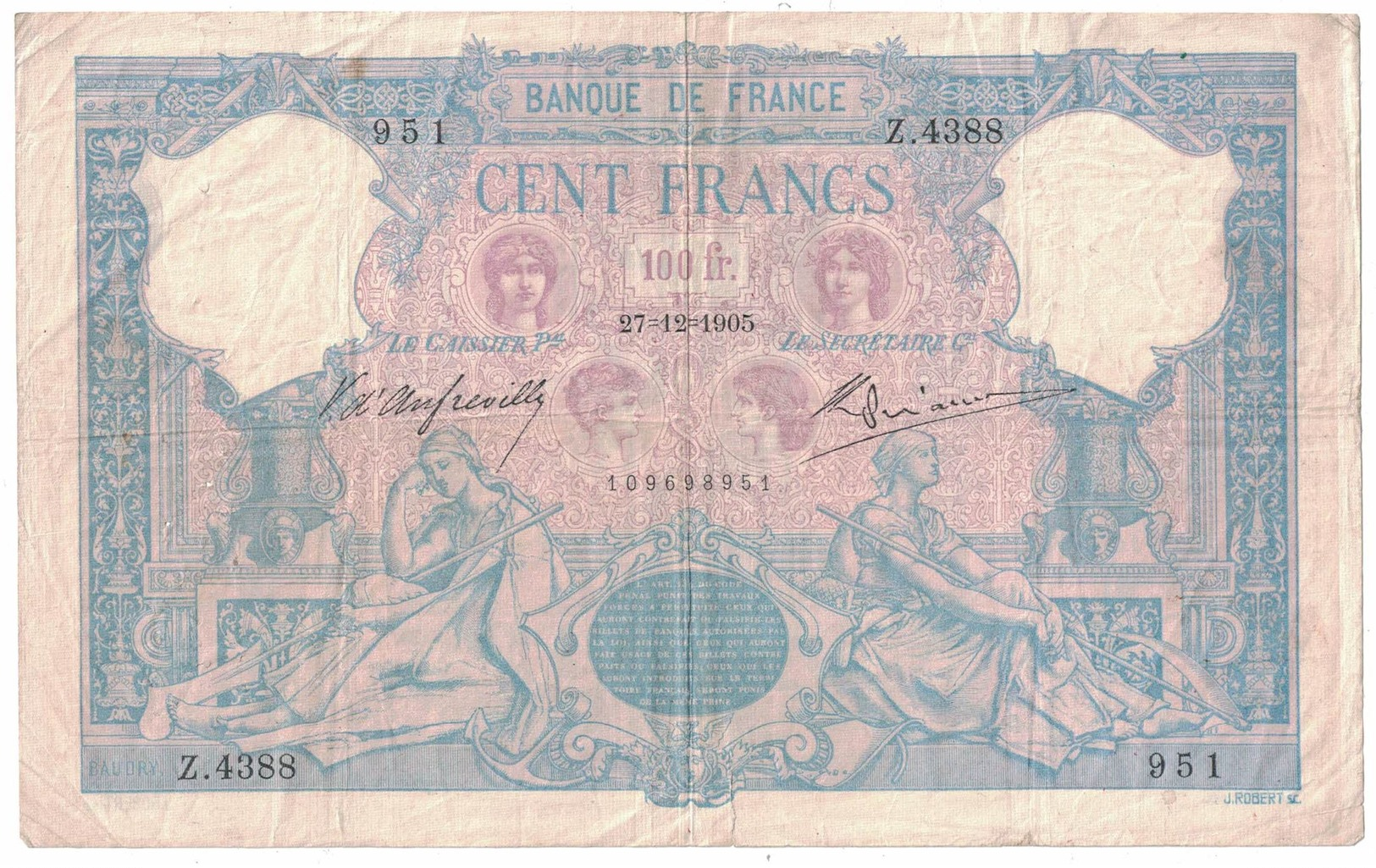 France 100 Francs “Bleu Et Rose” – 27.12.1905 - 100 F 1888-1909 ''Bleu Et Rose''