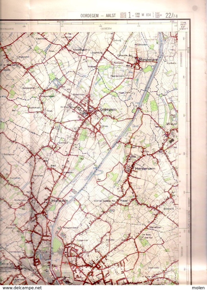 STAFKAART 1/25.000 OORDEGEM AALST Meting 1965 LEDE ERPE MERE BURST SERSKAMP WANZELE EREMBODEGEM GIJZEGEM BAMBRUGGE S455