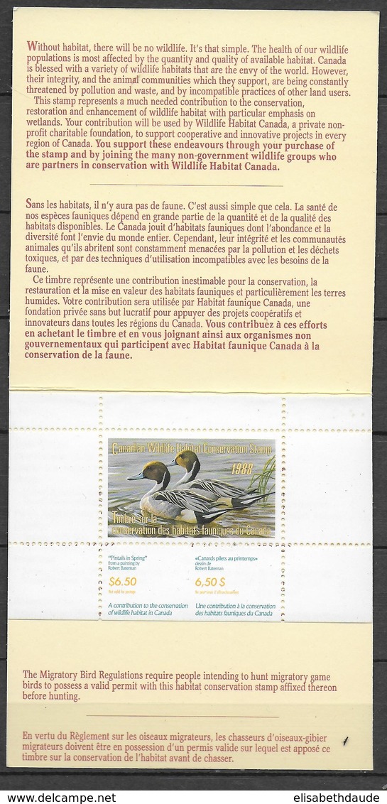 CANADA - 1988 - FAUNE / OISEAUX - CARNET De VIGNETTE PROTECTION Des HABITATS FAUNIQUES ** MNH - Volledige Boekjes