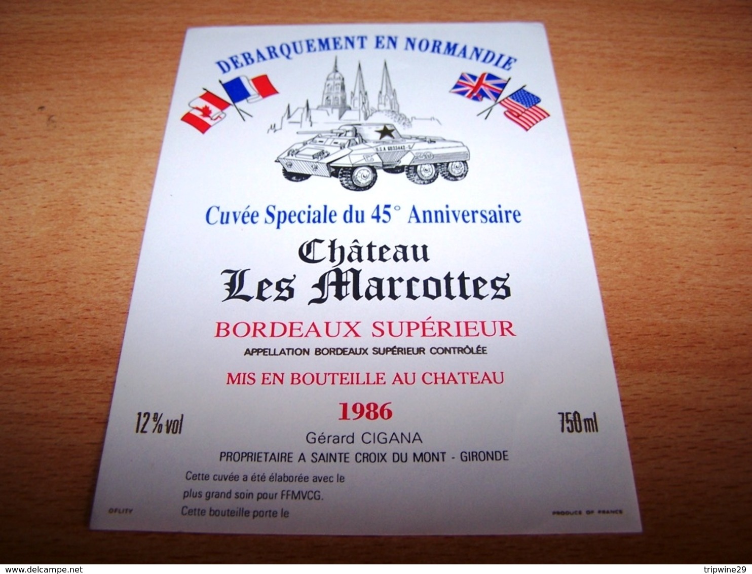 Etiquette Vin Wine Label Armée Militaire Debarquement Normandie Anniversaire Dday 6 Juin 1944 Tank Char Blindé - Cinquantenario Della Liberazione Della Francia