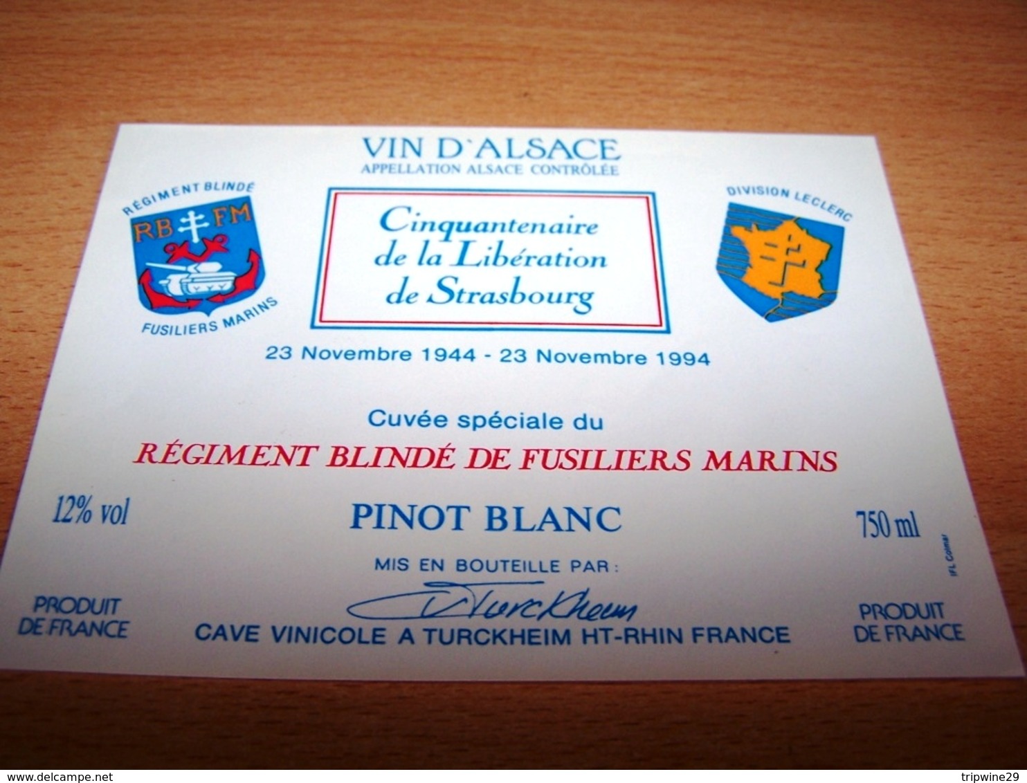 Etiquette Vin Wine Label Militaire Debarquement Normandie Anniversaire Dday Liberation Regiment Blinde Fusiliers Marins - Cinquantenaire De La Libération