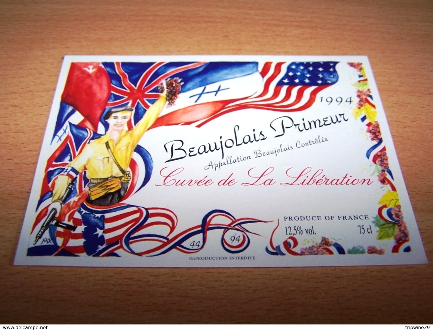 Etiquette Vin Wine Label Militaire Debarquement Normandie Anniversaire Dday Liberation Cuvée Beaujolais 1994 - Cinquantenaire De La Libération