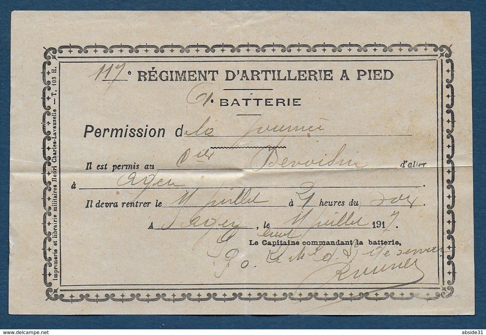 AGEN -  117e Régiment D'Artillerie à Pied - Permission De La Journée  1917 - Documenti