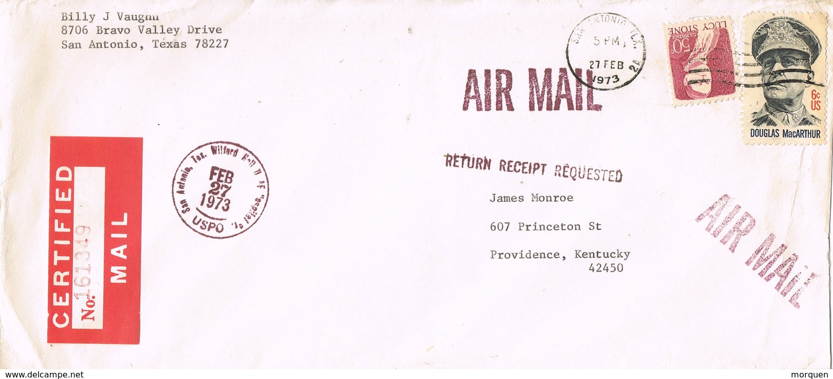 31534. Carta Aerea Certificada SAN ANTONIO (texas) 1973. Stamp McArthur. Retourn - Cartas & Documentos