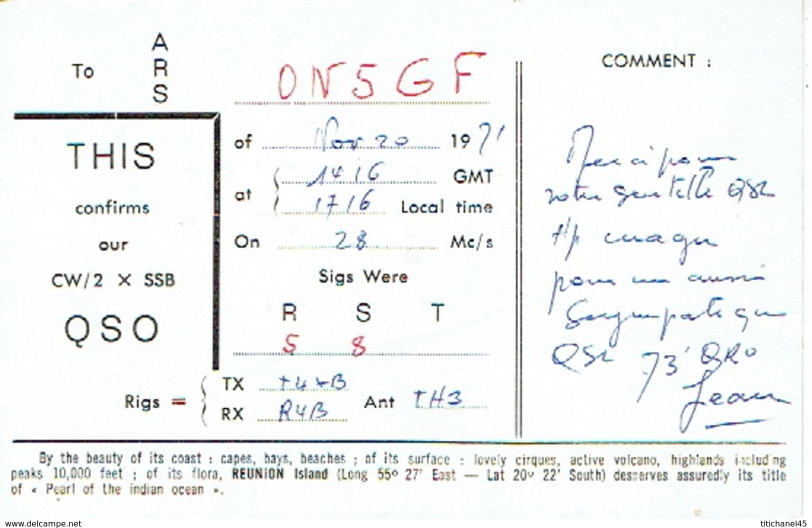 QSL CARTE RADIO AMATEUR - FR7ZN - ILE DE LA REUNION  SAINT-DENIS 1971 - JEAN-RICHEVILLE ROBERT - Radio Amateur