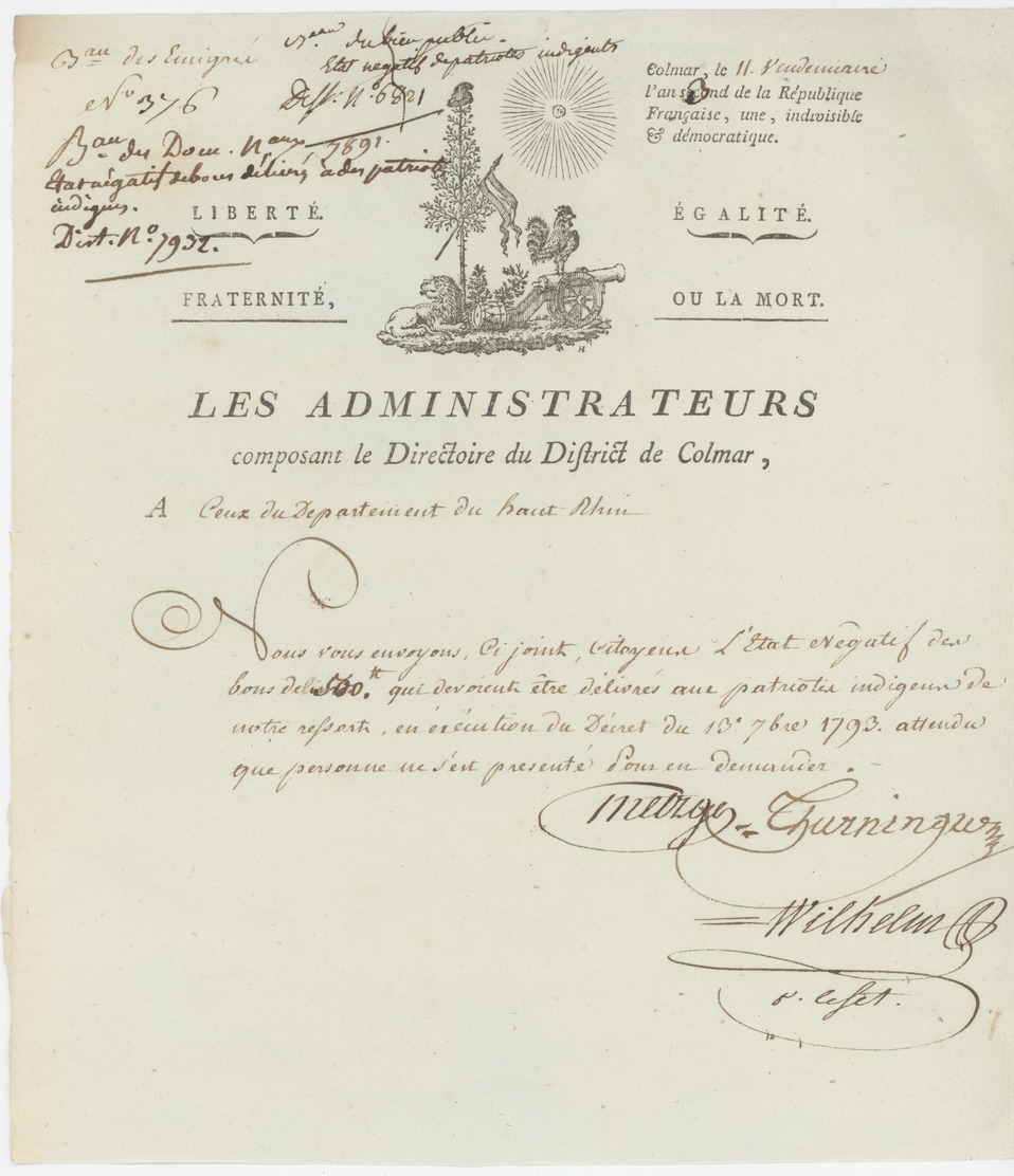 Colmar An 3 - 2.10.1794 Les Administrations Composant Le Directoire Du District - Documenti Storici