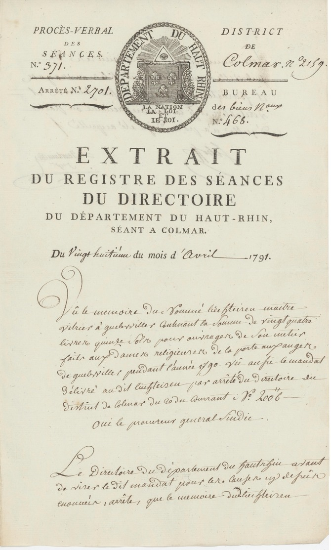 Héraldique Colmar 1791 Direction Porte Aux Anges Guebwiller Maître Vitrier - Historische Dokumente