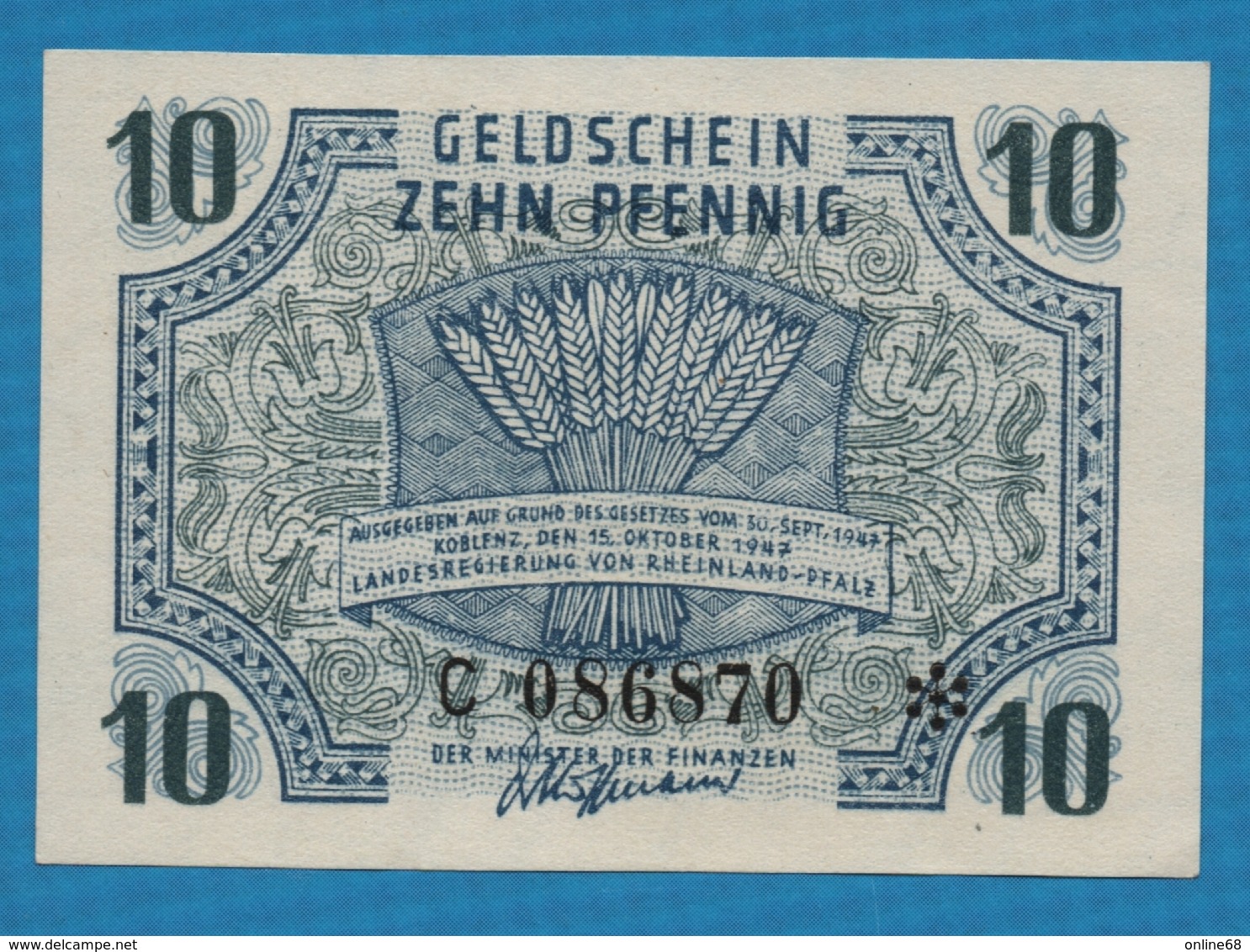 DEUTSCHLAND RHEINLAND-PFALZ 	  	 10 Pfennig	15.10.1947	Serie C 086870 P# S1005 - Autres & Non Classés