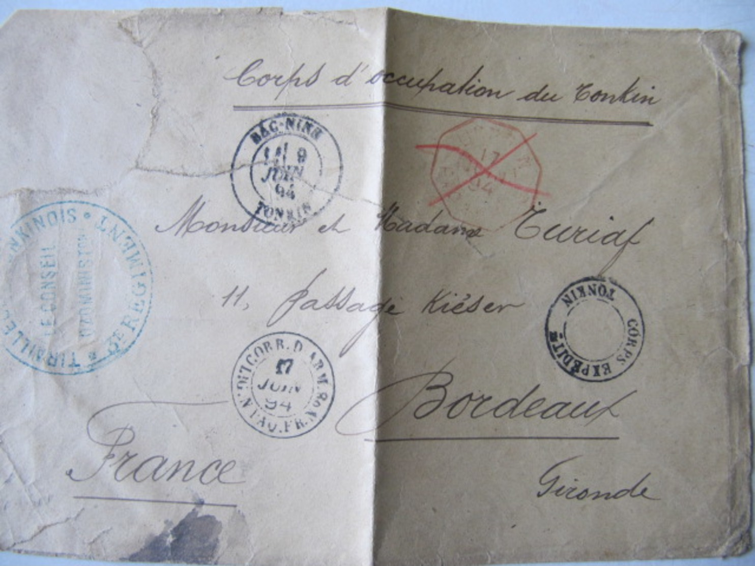 MARQUE POSTALE ,     TIRAILLEURS  TONKINOIS      TONKIN  Vers  BORDEAUX    1894 - 1801-1848: Vorläufer XIX