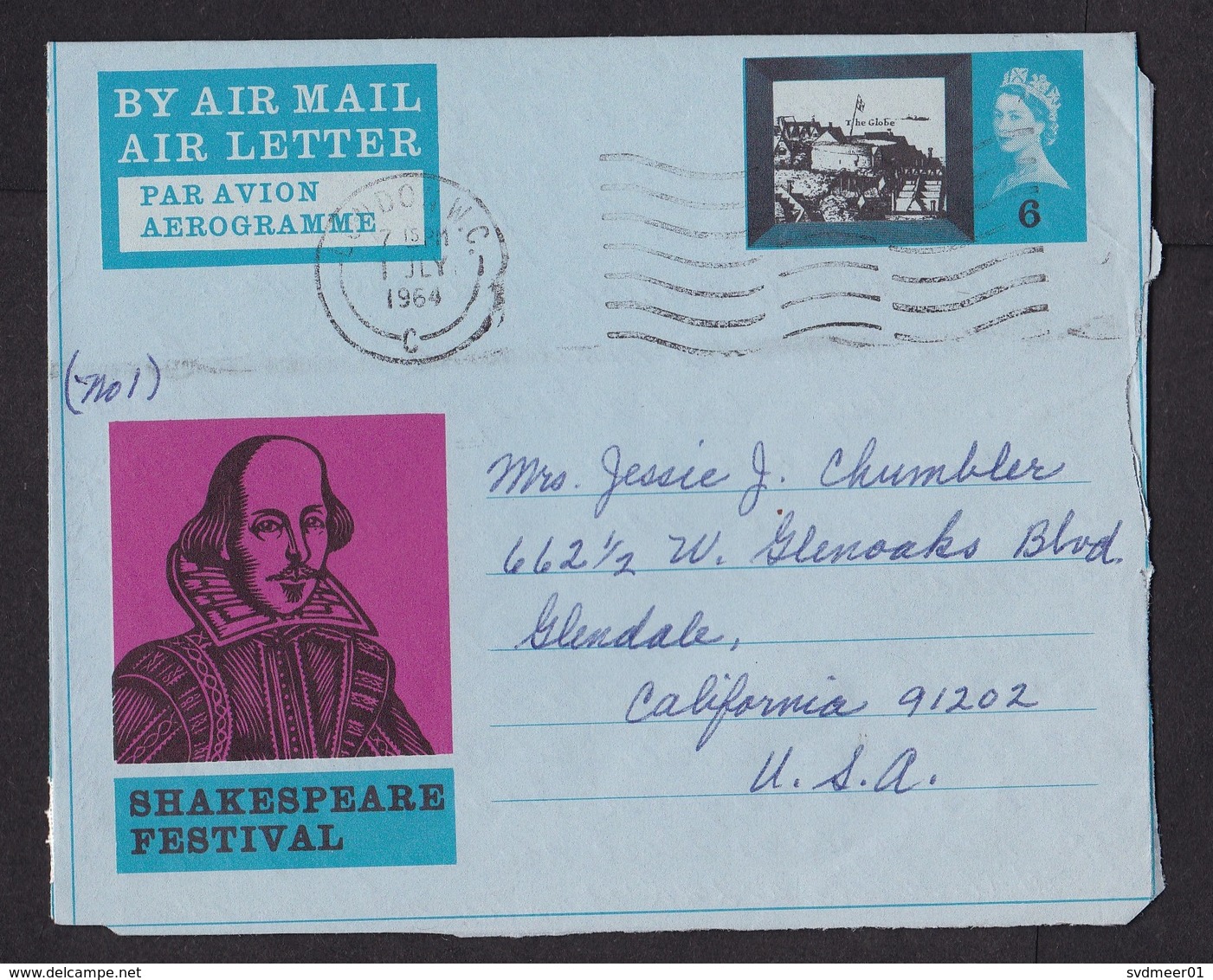UK: Stationery Aerogramme To USA, 1964, Shakespeare, The Globe Theatre, Literature, Author, Air Letter (damaged) - Brieven En Documenten