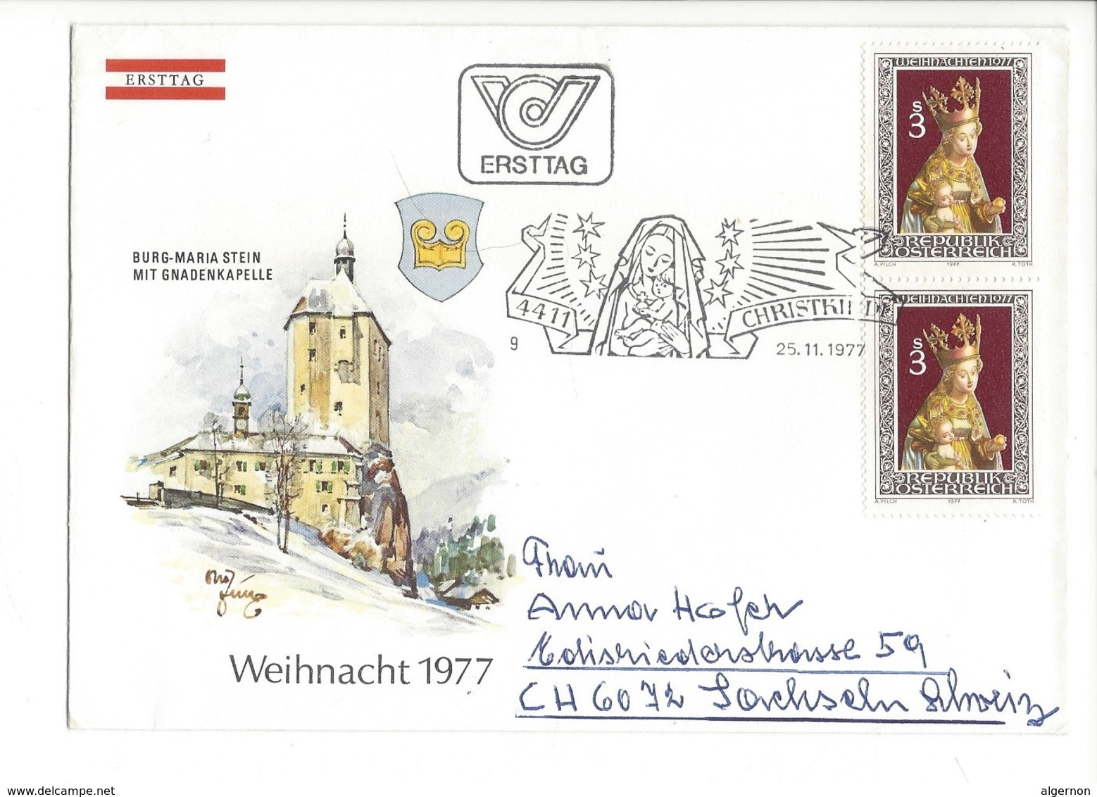 21622 - Christkindl 1977 Lettre Ersttag Pour Sachsseln 25.11.1977 Burg Mariastein Mit Gnadenkapelle - Noël