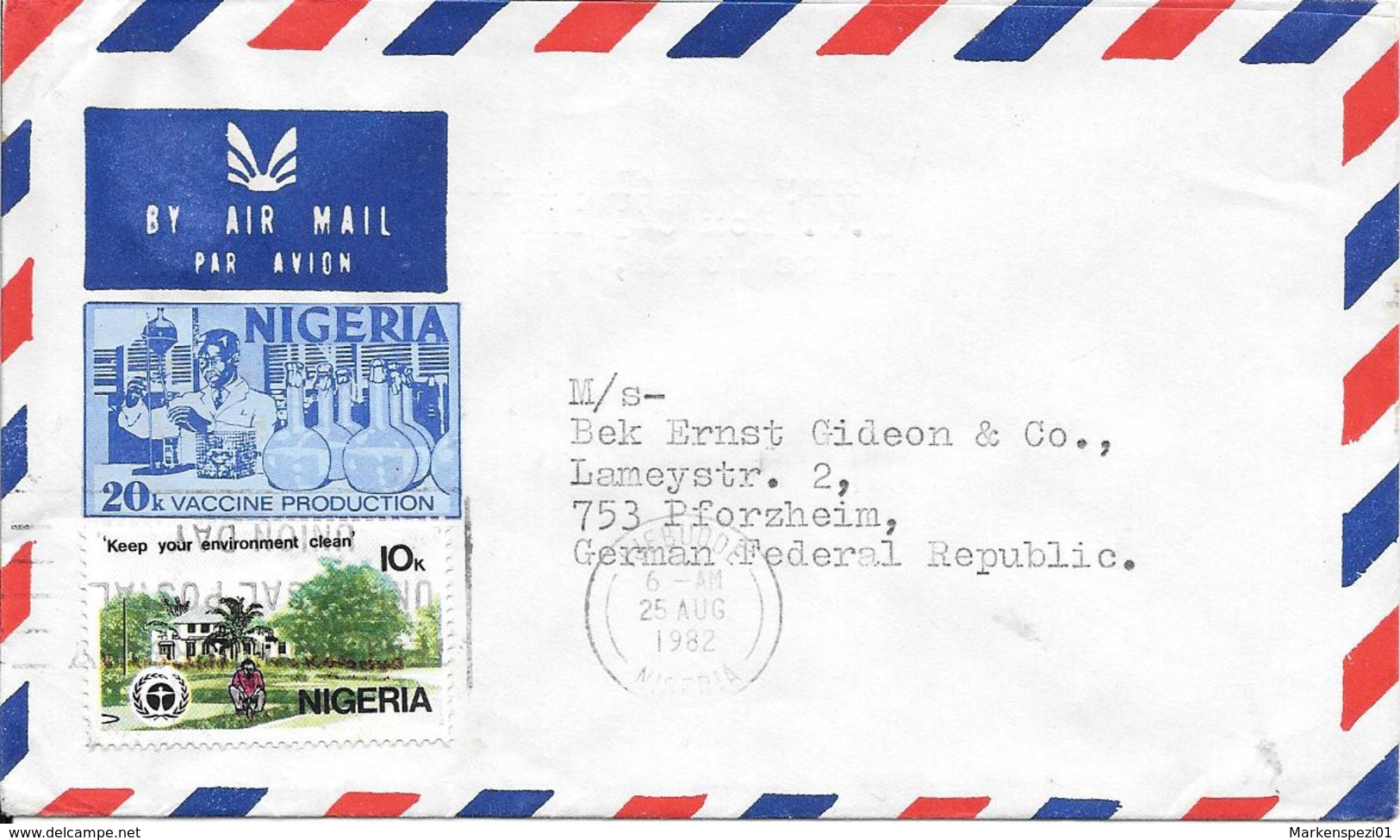 Nigeria Luftpost Beleg MiF 1982-Pforzheim - Nigeria (1961-...)