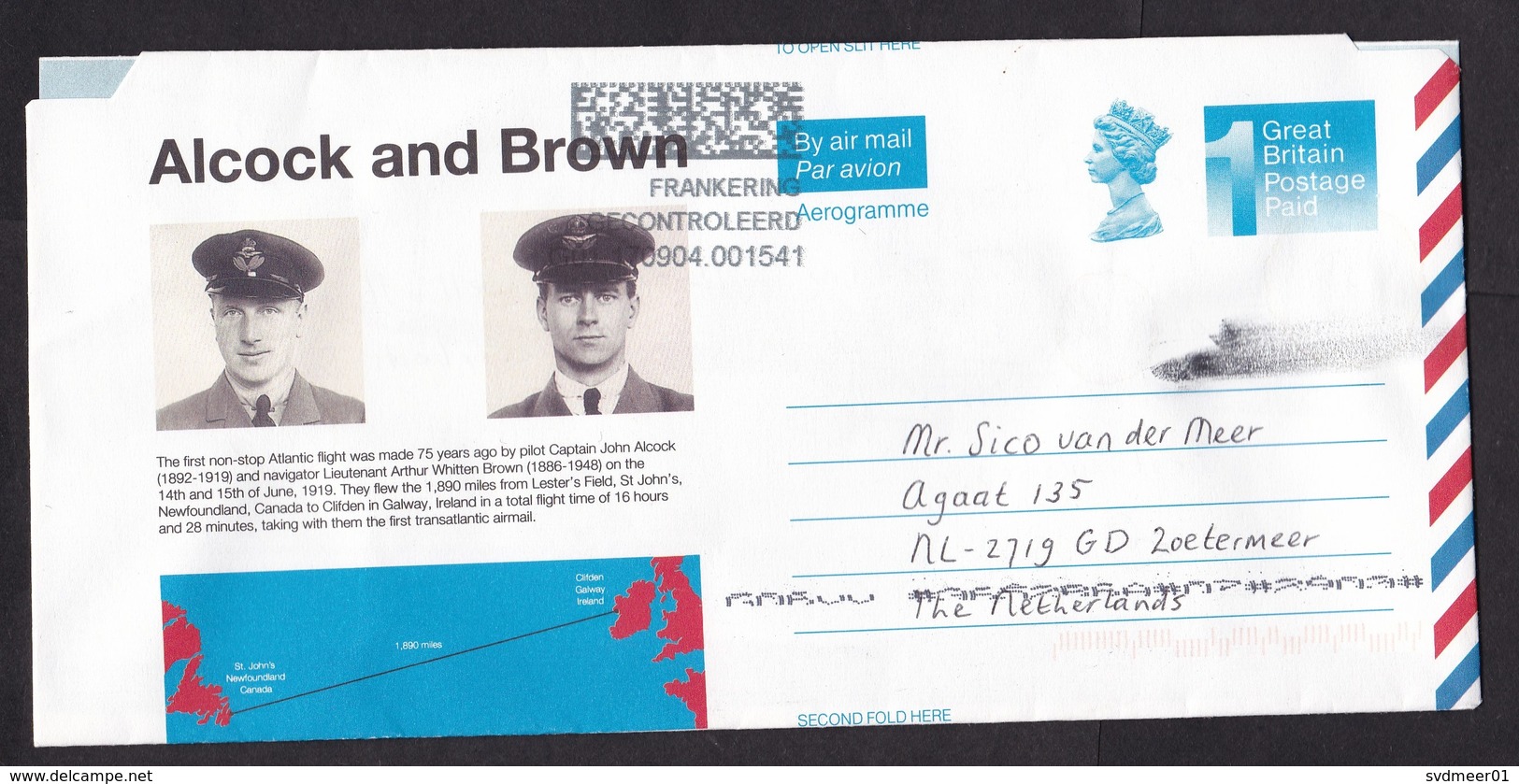 UK: Stationery Aerogramme To Netherlands, Aviation History, Map, Dutch Cancel Postage Control, Air Letter (minor Damage) - Brieven En Documenten