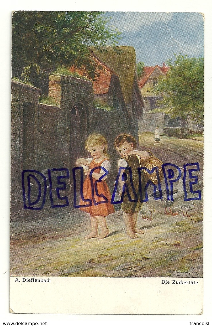Deux Enfants, Oies, Cornet De Bonbons, Village. " Die Zuckertüte" Signée A. Dieffenbach - Diefenbach