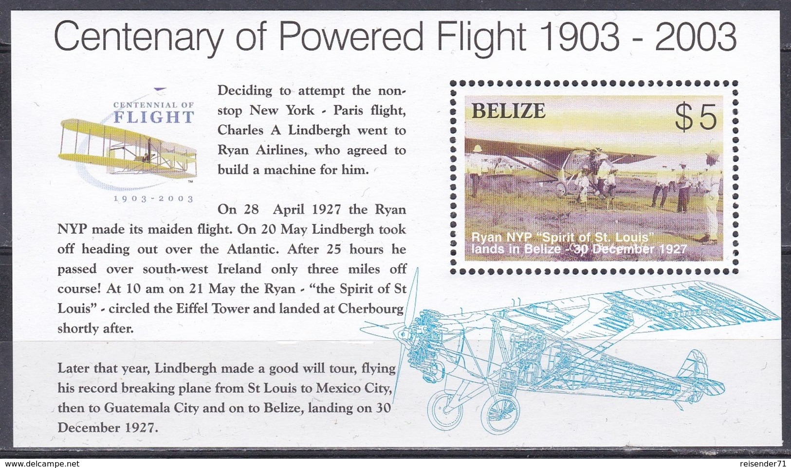 Belize 2003 Transport Flugzeuge Aeroplanes Planes Motorflug Wright Persönlichkeiten Charles Lindbergh, Bl. 101 ** - Belize (1973-...)